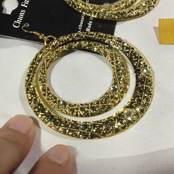 Gold Tone Embellished Double Hoop Earrings (UC3) - Picture 2 of 4